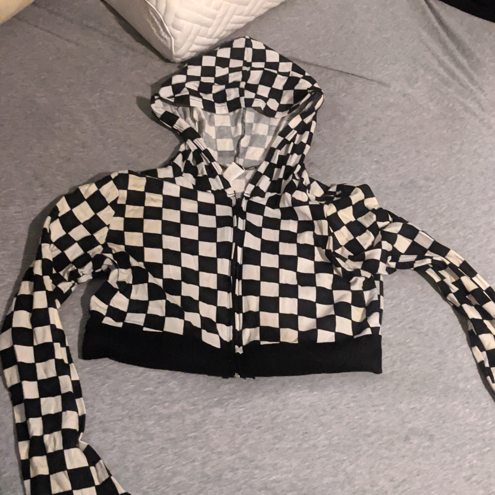 Checkered crop top jacket with hood